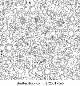 Ornamental seamless floral garden black and white pattern. Flowers background for art wallpaper, pattern fills, textile, fabric, wrapping, surface textures, coloring book for adults and kids.