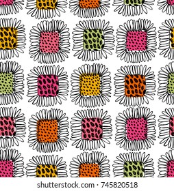 Ornamental seamless floral pattern. Decorative graphic background with flowers. Lace scribble backdrop with sunflowers. Retro fabric texture