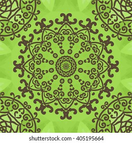 Ornamental seamless indian yoga pattern on green background