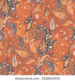 Ornamental seamless paisley pattern with a combination of orange and navy tones. This vector design is perfect for textiles, wallpaper, and creative projects.