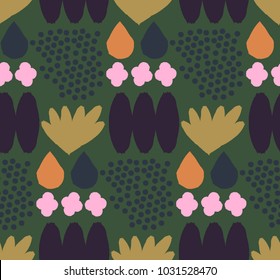 Ornamental seamless pattern with abstract flowers. Cute print in scandinavian style.The image made in the style of hand-made, patchwork. Abstract vector. It is good minimal pattern for textile style. 