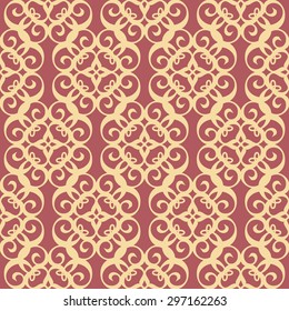 Ornamental seamless pattern, beige on dark pink. Abstract background