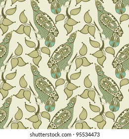 ornamental seamless  pattern with bird and leaf