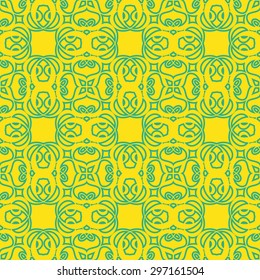 Ornamental seamless pattern, blue on yellow. Abstract background