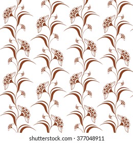 Ornamental seamless pattern with brown henna vertical flowes in indian mehndi style. Vector illustration isolated on white background