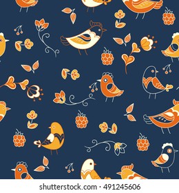 Ornamental seamless pattern with cute birds and floral elements. vector hand drawn background