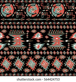 Ornamental seamless pattern. Dark ethnic backdrop. Mexican, american, indian style. Tribal art print. Background texture, wallpaper, Gold and black