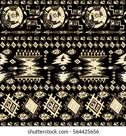 Ornamental seamless pattern. Dark ethnic backdrop. Mexican, american, indian style. Tribal art print. Background texture, wallpaper, Gold and black