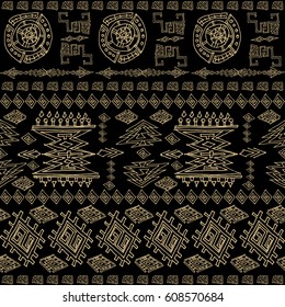 Ornamental seamless pattern. Dark ethnic backdrop. Mexican, american, indian style. Tribal art print. Background texture, wallpaper, Gold and black