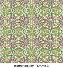 Ornamental seamless pattern. East, oriental design, ethnic style. Illustrated India. Vector background of mandala. Islam, Arabic, Indian. For use in fabric design, wallpaper, hippie decoration