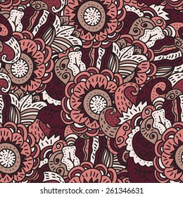 Ornamental Seamless pattern with flowers, floral illustration in vintage style. Trendy Marsala colors. Vector textile design EPS10. Endless texture can be used for wallpaper, pattern fills, textures.