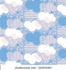 Ornamental seamless pattern with geometric cloud. Cute print in scandinavian style.The image is made in the style of hand-made patchwork.Cloud and rain snow. Cute print with cloud and line.