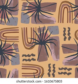 Ziernahtloses Muster mit geometrischen Elementen und Blättern. Abstrakter Farbdruck. Farbige Collage. Abstrakte zeitgenössische, trendige Vektorillustration 