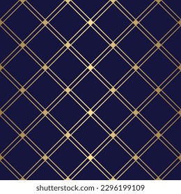 Patrón ornamental sin costura con línea diagonal dorada y cuadrado sobre fondo azul, patrón de valla vectorial para papel envolvente, papel tapiz, tarjeta, diseño de superficie.