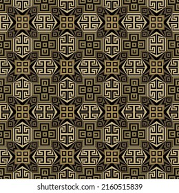 Ornamental seamless pattern. Greek style structured vector background. Repeat colorful backdrop. Greek key meanders golden ornament on black background. Decorative geometric patterned abstract design.