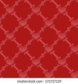 Ornamental seamless pattern with hearts on red background