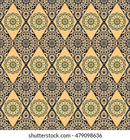 Ornamental seamless pattern. Illustrated India. East, oriental design, ethnic style. Vector background of mandala. Islam, Arabic, Indian. For use in fabric design, wallpaper, hippie decoration