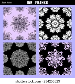 Ornamental seamless pattern with large flowers and curls. Pink and black brocade floral background. Mandala element for you tile design.