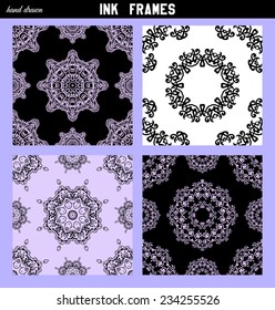 Ornamental seamless pattern with large flowers and curls. Pink and black brocade floral background. Mandala element for you tile design.