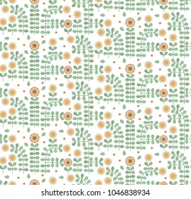 Ornamental seamless pattern with leaf and flowers. Cute print in scandinavian style.The image is made in the style of spring things. Abstract background. Ornamental, traditional, simple.