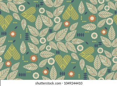 Ornamental seamless pattern with leaf and flowers. Cute print in scandinavian style.The image is made in the style of spring things. Abstract background. Ornamental, traditional, simple.