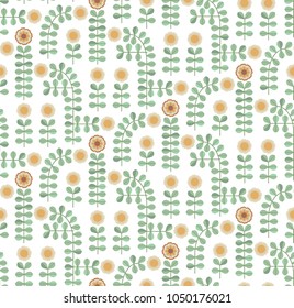 Ornamental seamless pattern with leaf and flowers. Cute print in scandinavian style.The image is made in the style of spring things. Abstract background. Ornamental, traditional, simple.