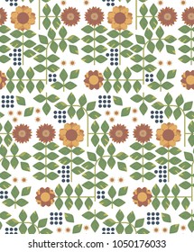 Ornamental seamless pattern with leaf and flowers. Cute print in scandinavian style.The image is made in the style of spring things. Abstract background. Ornamental, traditional, simple.