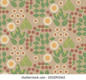 Ornamental seamless pattern with leaf and flowers. Cute print in scandinavian style.The image is made in the style of spring things. Abstract background. Ornamental, traditional, simple.