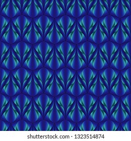 Ornamental seamless pattern like a pseudo 3D image with smooth transition blue hues, vector handmade 