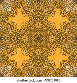Ornamental seamless pattern on yellow texture. Endless vector template can be used for wallpaper, pattern fills, textile, fabric, wrapping paper, surface textures. Ottoman-like style design.