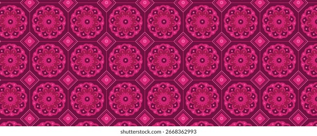 Dekoratives nahtloses Muster mit rosafarbenen Mandala-Blumen und geometrischen Fliesen. Luxus dekorative Tapete ideal für Stoff, Verpackung, Web, Karten, Illustrationen