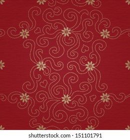 Ornamental seamless pattern with small flowers and curls. Red brocade floral background.