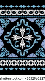 Ornamental seamless pattern with stylized flower and baroque elements. Luxury Textile Design Elegant Vintage Scroll High contrast elegant black and blue design suitable for textiles heritage damask