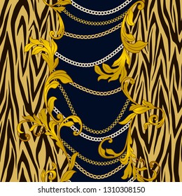 Ornamental seamless pattern with tiger skin and chains. Vector illustration. Animal print