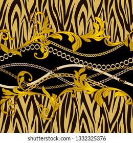 Ornamental seamless pattern with tiger skin and chains. Vector illustration. Animal print