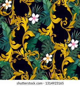 Ornamental seamless pattern with  tropical leaves, flowers and baroque elements. Vector illustration. 