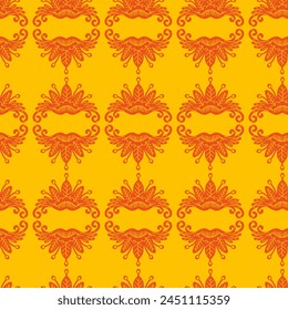 Ornamental seamless pattern. Vector abstract background. Seamless vector background. Red ornament on a yellow background. Decorative print for fabric, wallpaper, packaging, wrapping paper, dishe, tile