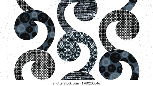 Ornamental seamless pattern. Vector floral background. Abstract swirly waves geometric print, vector seamless black pattern on white doted background.