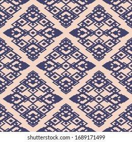 Ornamental seamless pattern. Vector geometric texture with diamond shapes, rhombuses. Abstract graphic ornament in beige and dark blue color. Elegant background. Repeat design for textile, wallpapers