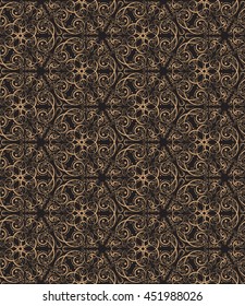 Ornamental seamless pattern. Vector oriental abstract backdrop. Brown on black.