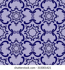 Ornamental seamless pattern. Vintage template. Blue curve elements on the purple background. Filigree texture.