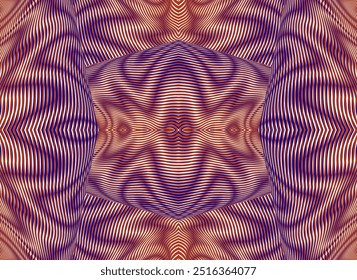 Ornamental seamless pattern with wavy lines optical illusion effect. Vector abstract endless background with wavy linear moire in calm orange brawn tones.