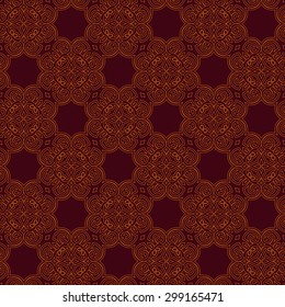 Ornamental seamless pattern yellow on dark red. Abstract background