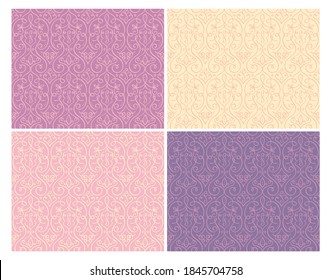 Ornamental seamless patterns with decorative curls and swirls. Hand drawn single line. Warm pink and yellow color palette. Perfect for elegant wedding invitation cards, backgrounds and wallpapers.