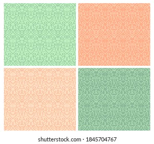 Ornamental seamless patterns with decorative curls and swirls. Hand drawn single line. Green and orange color palette. Perfect for elegant wedding invitation cards, backgrounds and wallpapers.