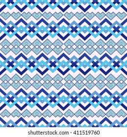 Ornamental seamless vector pattern with zigzag shapes in blue colors on the light pink backdrop