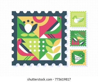 Ornamental set of color postage stamps with nature symbols, birds and leafs. Vector postal decorative design elements.  