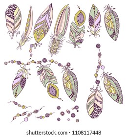 Ornamental set with decoration elements  with feathers, beads in ornamnents in graphic vector image in tribal style