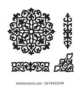 Conjunto ornamental com elementos redondos, verticais, horizontais e de canto em preto e branco.
ilustração vetorial adequada para decoração de parede, azulejos, têxteis, impressão