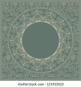 Ornamental silhouette frame on pattern background. Retro design